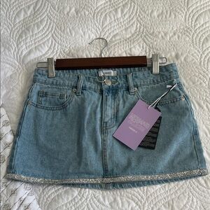 NWT Forever 21 Light Blue Denim Mini Skirt with Rhinestone Hem